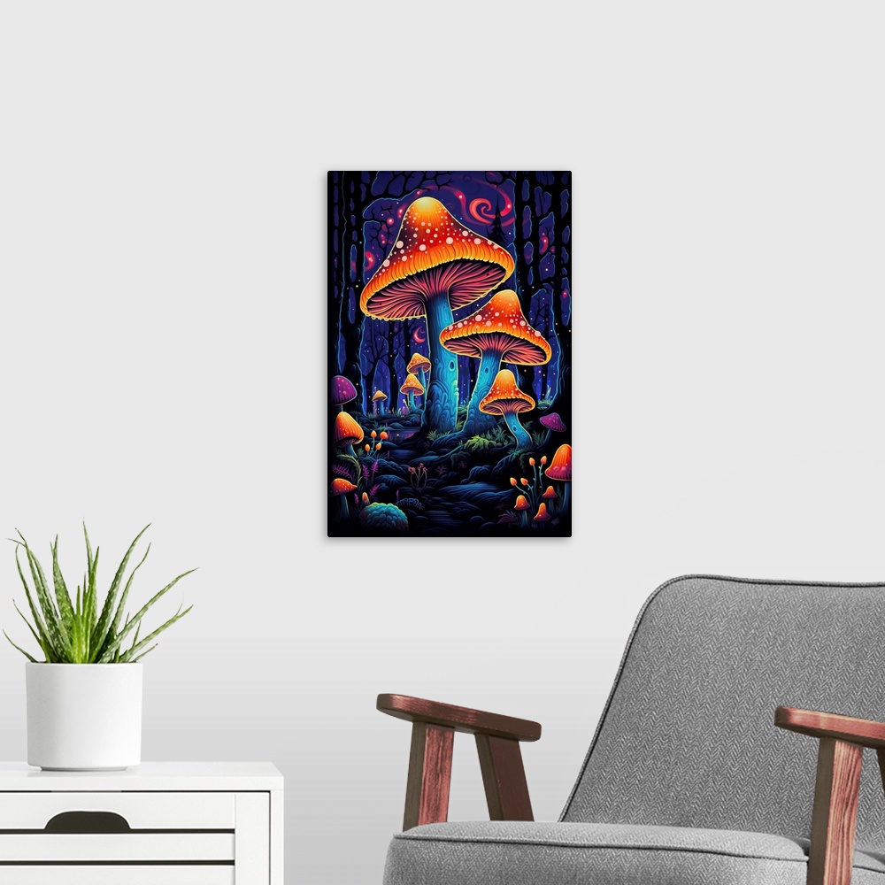 A modern room featuring Neon Mushrooms Glowing Orange