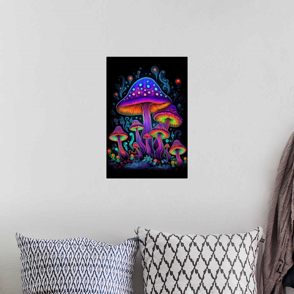 A bohemian room featuring Neon Mushrooms Glowing Purple