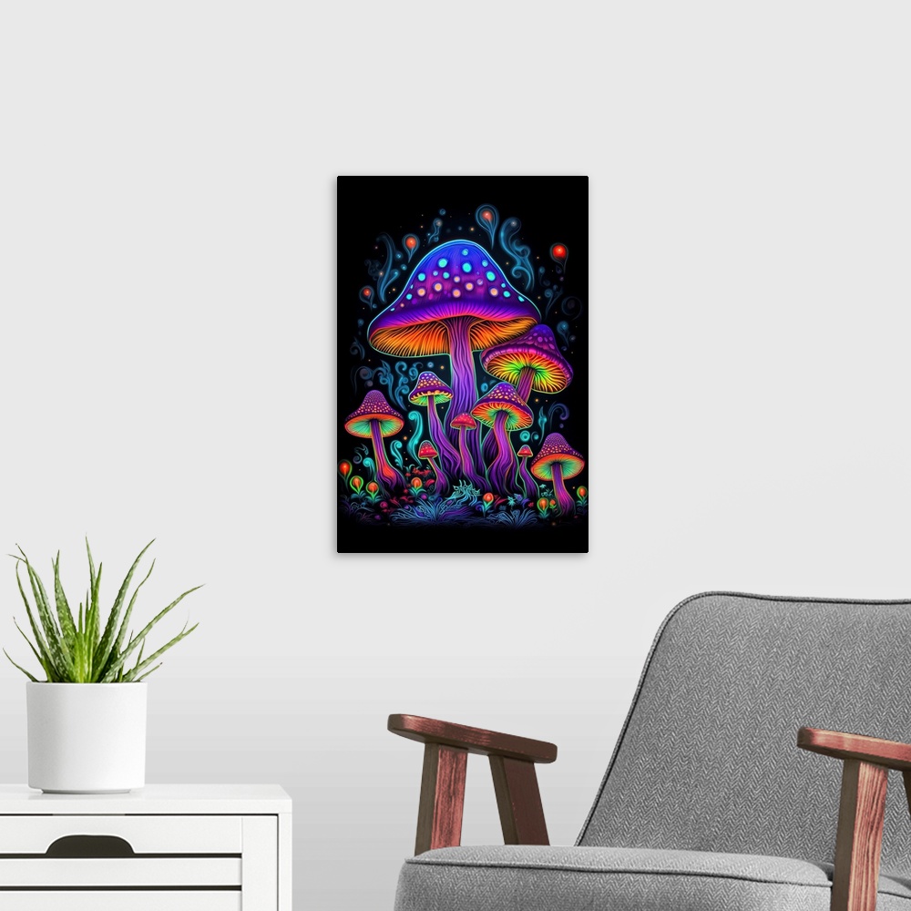 A modern room featuring Neon Mushrooms Glowing Purple