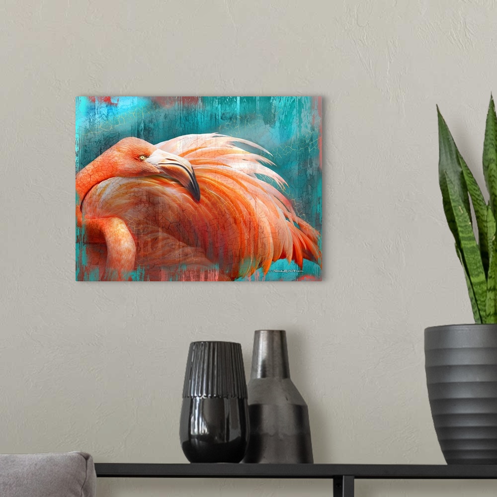 A modern room featuring No Words Flamingo