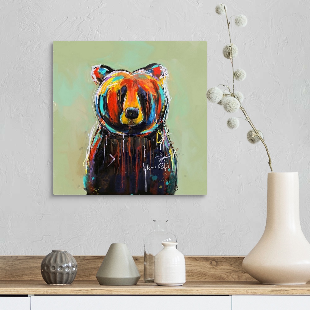A farmhouse room featuring A contemporary painting of a colorful bear with accents shades of yellow, red and blue.