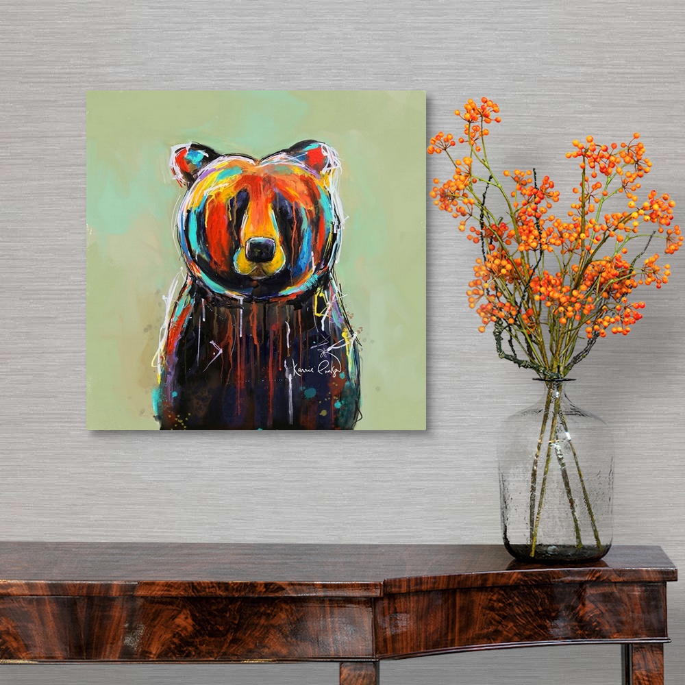 A traditional room featuring A contemporary painting of a colorful bear with accents shades of yellow, red and blue.