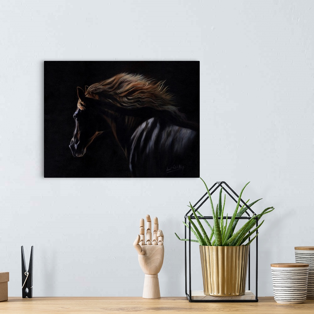 A bohemian room featuring Originally an oil painting on canvas of a Peruvian Paso Horse.