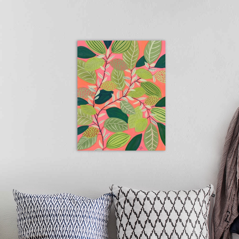 A bohemian room featuring A sweet contemporary painting of sprigs of green leaves against a coral background, suitable for ...