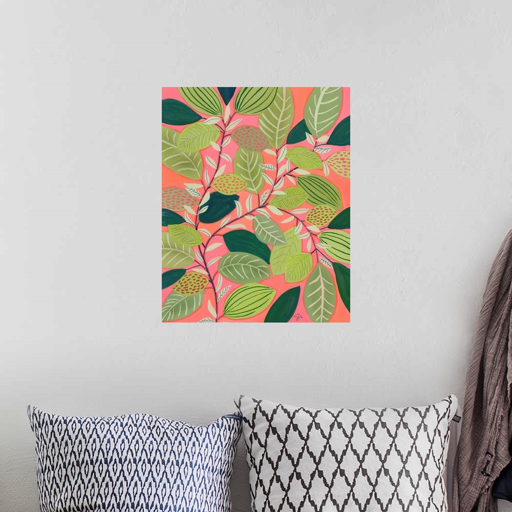 A bohemian room featuring A sweet contemporary painting of sprigs of green leaves against a coral background, suitable for ...