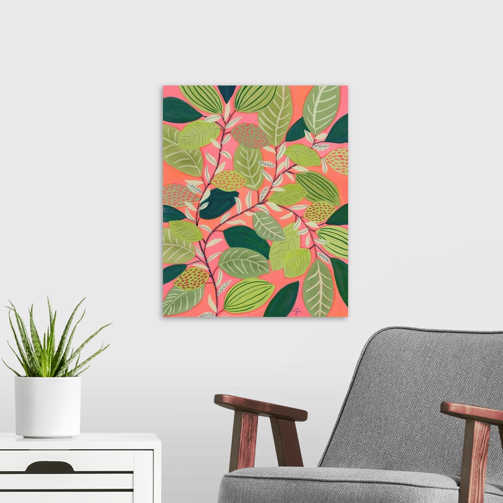 A modern room featuring A sweet contemporary painting of sprigs of green leaves against a coral background, suitable for ...