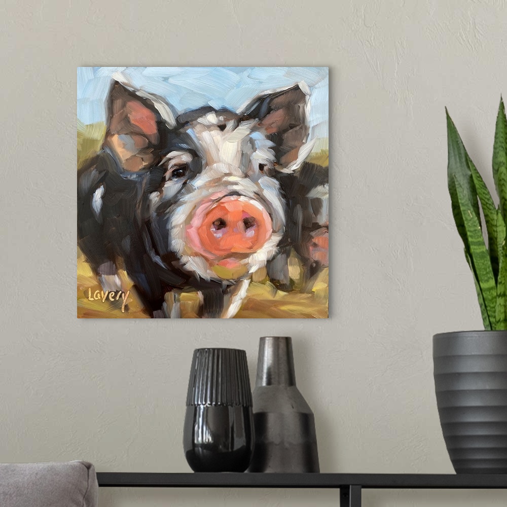 A modern room featuring Piper The Pig