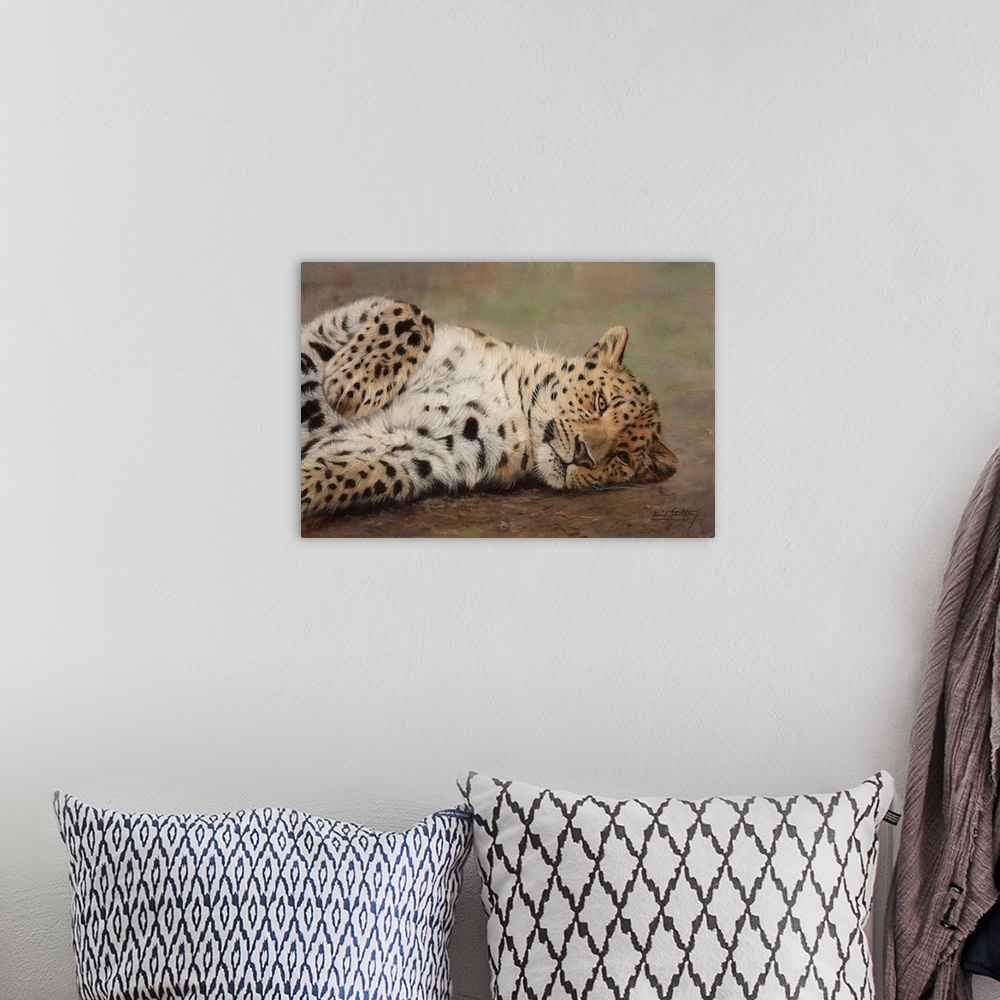 A bohemian room featuring Leopard resting, oil on canvas