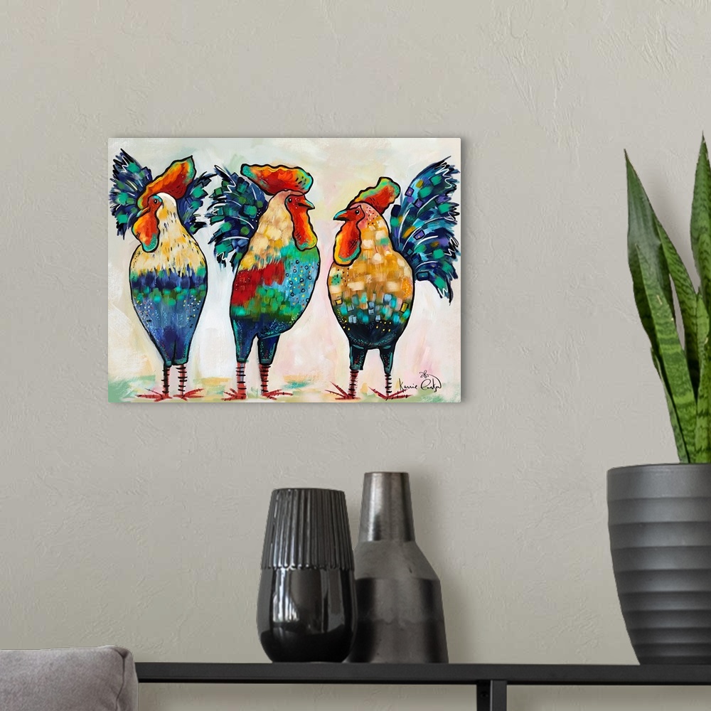 A modern room featuring Roosters