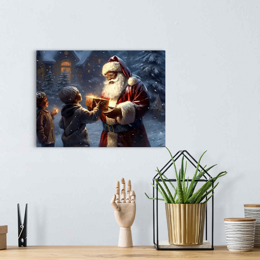 A bohemian room featuring Santa Giving Gifts