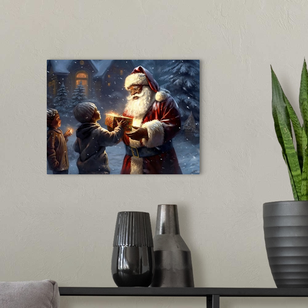 A modern room featuring Santa Giving Gifts