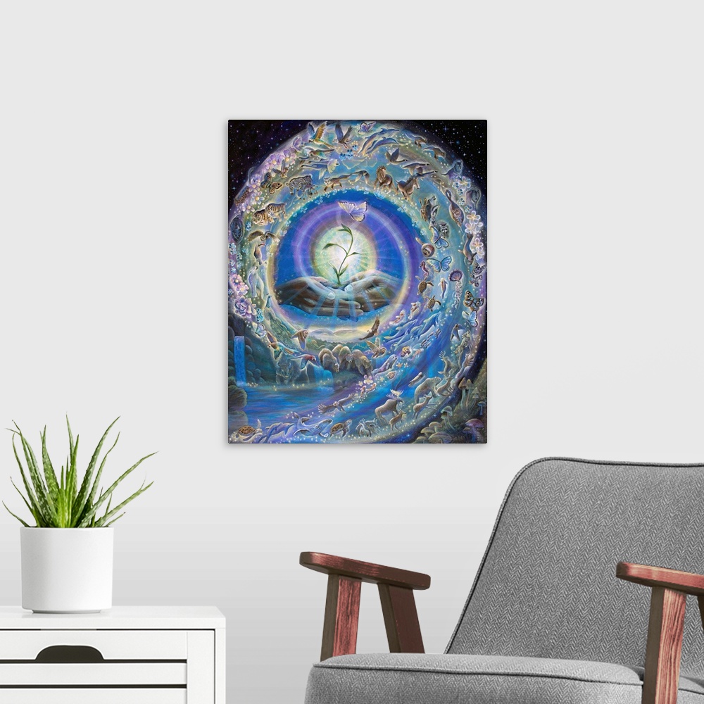 A modern room featuring Spiral of Creation