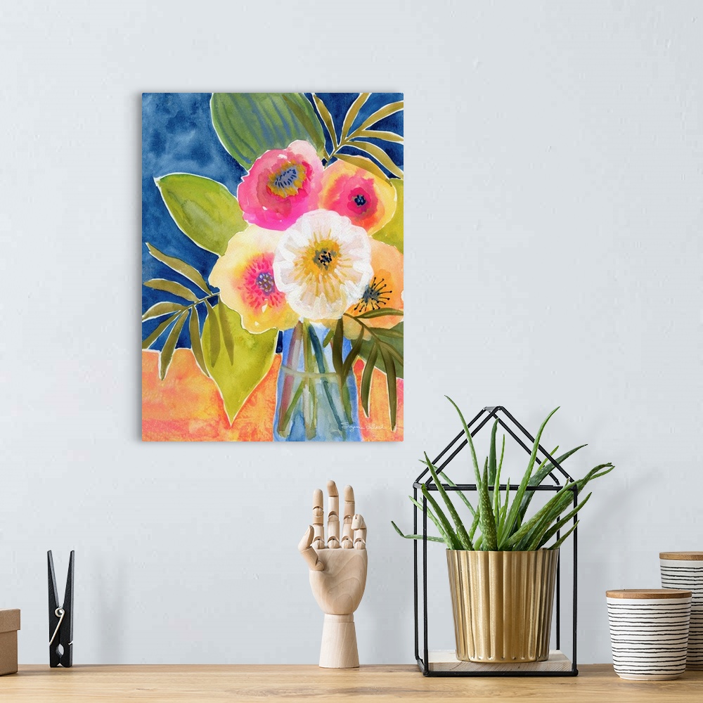 A bohemian room featuring A splotchy contemporary painting of pastel colored flowers and large leaves in a blue glass vase