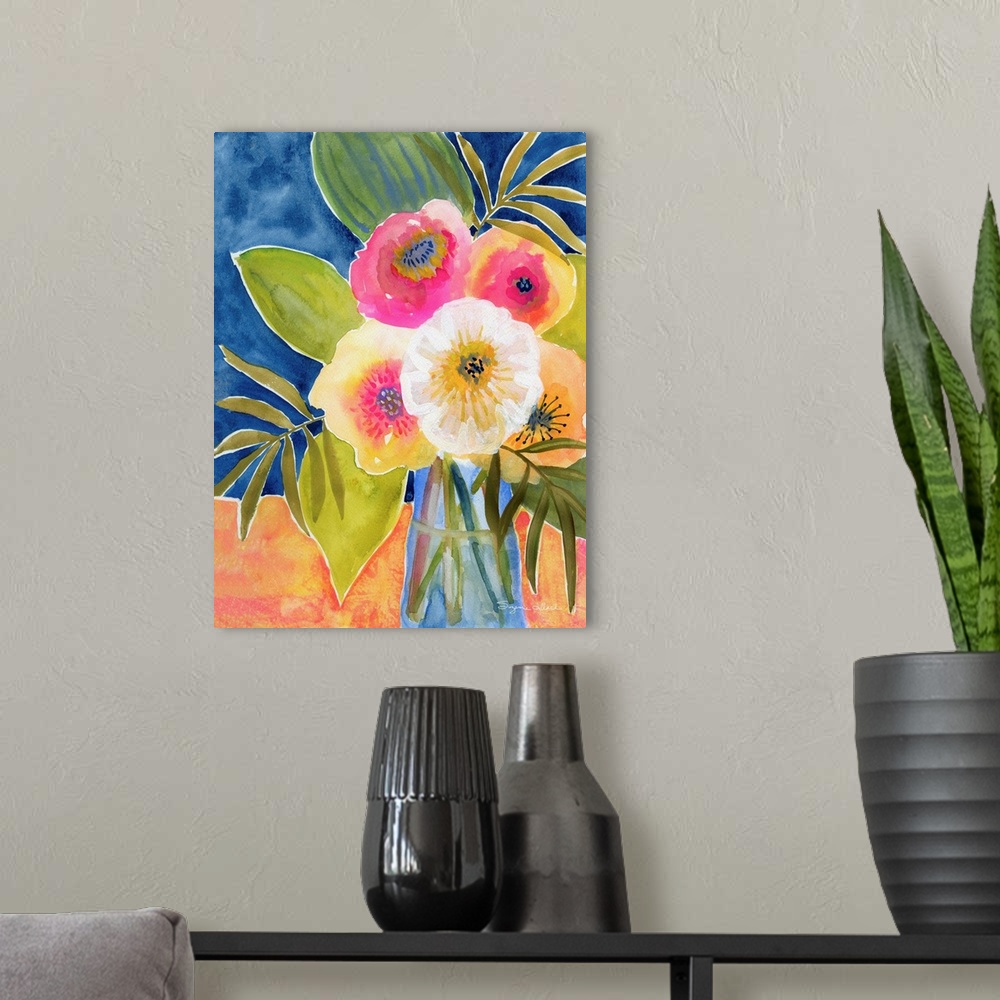 A modern room featuring A splotchy contemporary painting of pastel colored flowers and large leaves in a blue glass vase