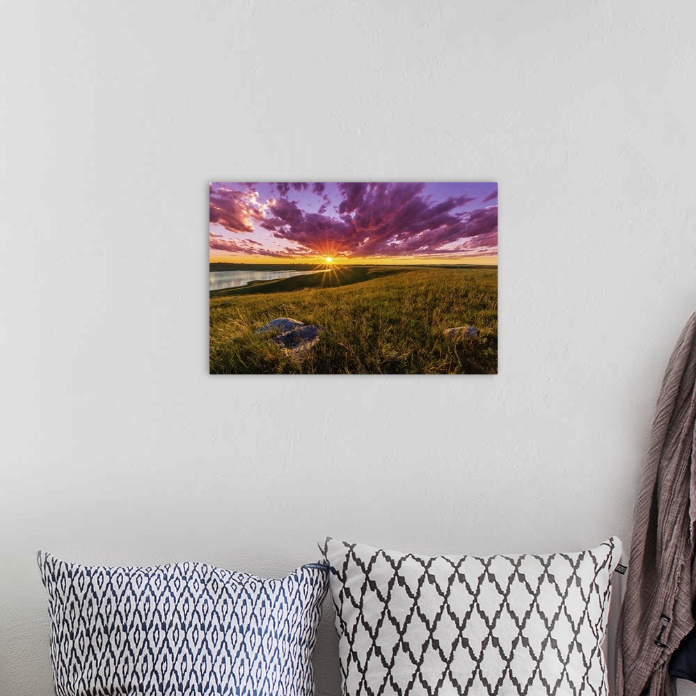 A bohemian room featuring Sunset over South Dakota's Lake Oahe is spectacular, with clouds turned crimson and beautiful lig...