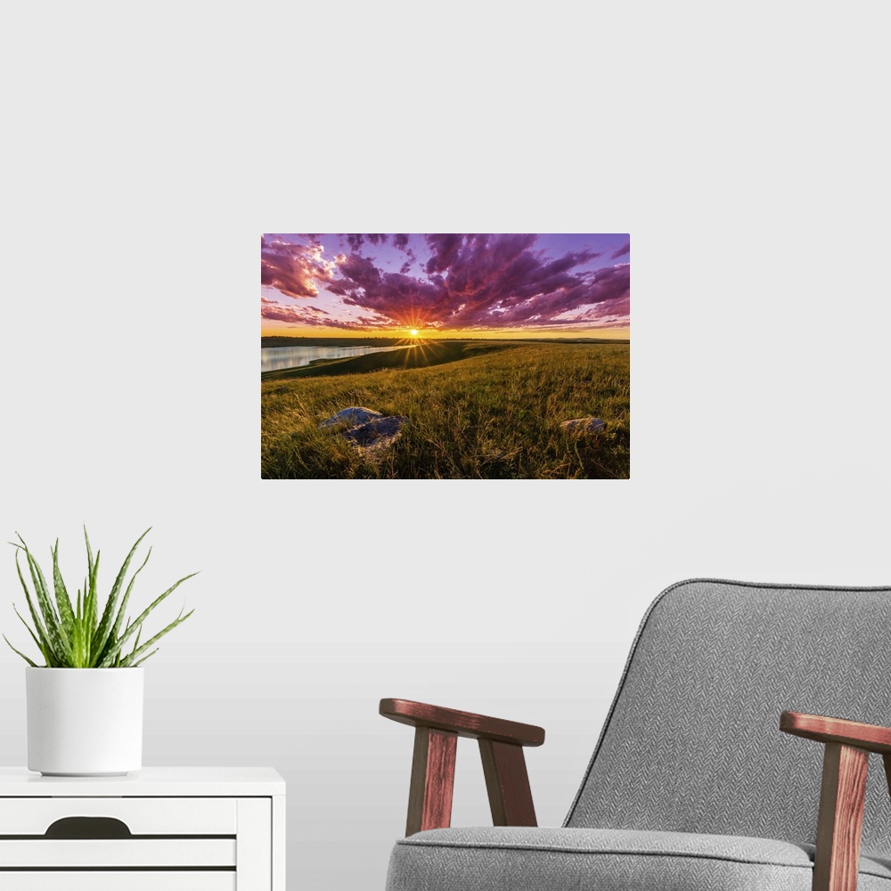 A modern room featuring Sunset over South Dakota's Lake Oahe is spectacular, with clouds turned crimson and beautiful lig...