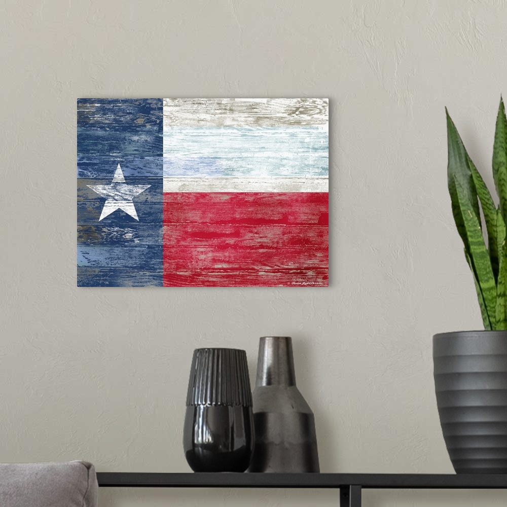 A modern room featuring A rustic, retro style image of the flag of the state of Texas on a wood board background