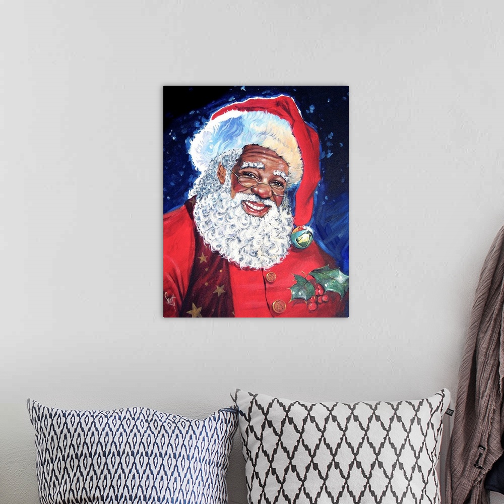 A bohemian room featuring A jolly portrait of a dark skinned Father Christmas in a traditional style.