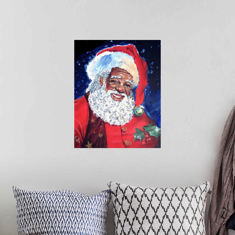 A bohemian room featuring A jolly portrait of a dark skinned Father Christmas in a traditional style.