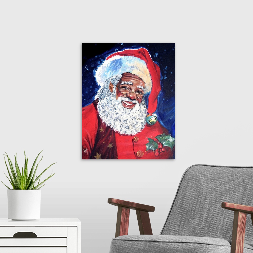 A modern room featuring A jolly portrait of a dark skinned Father Christmas in a traditional style.
