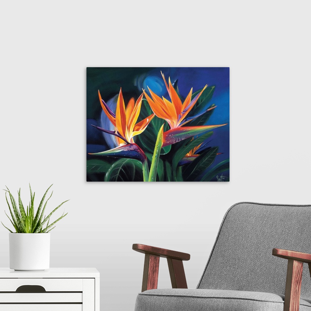 A modern room featuring Wall docor of tropical flowers with vegetation in the background on canvas.