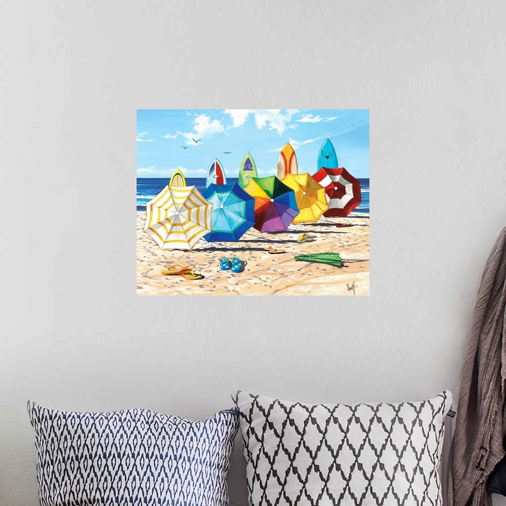 A bohemian room featuring Realistic drawing of open colorful umbrella's and surfboards lined up on the beach with flip flop...
