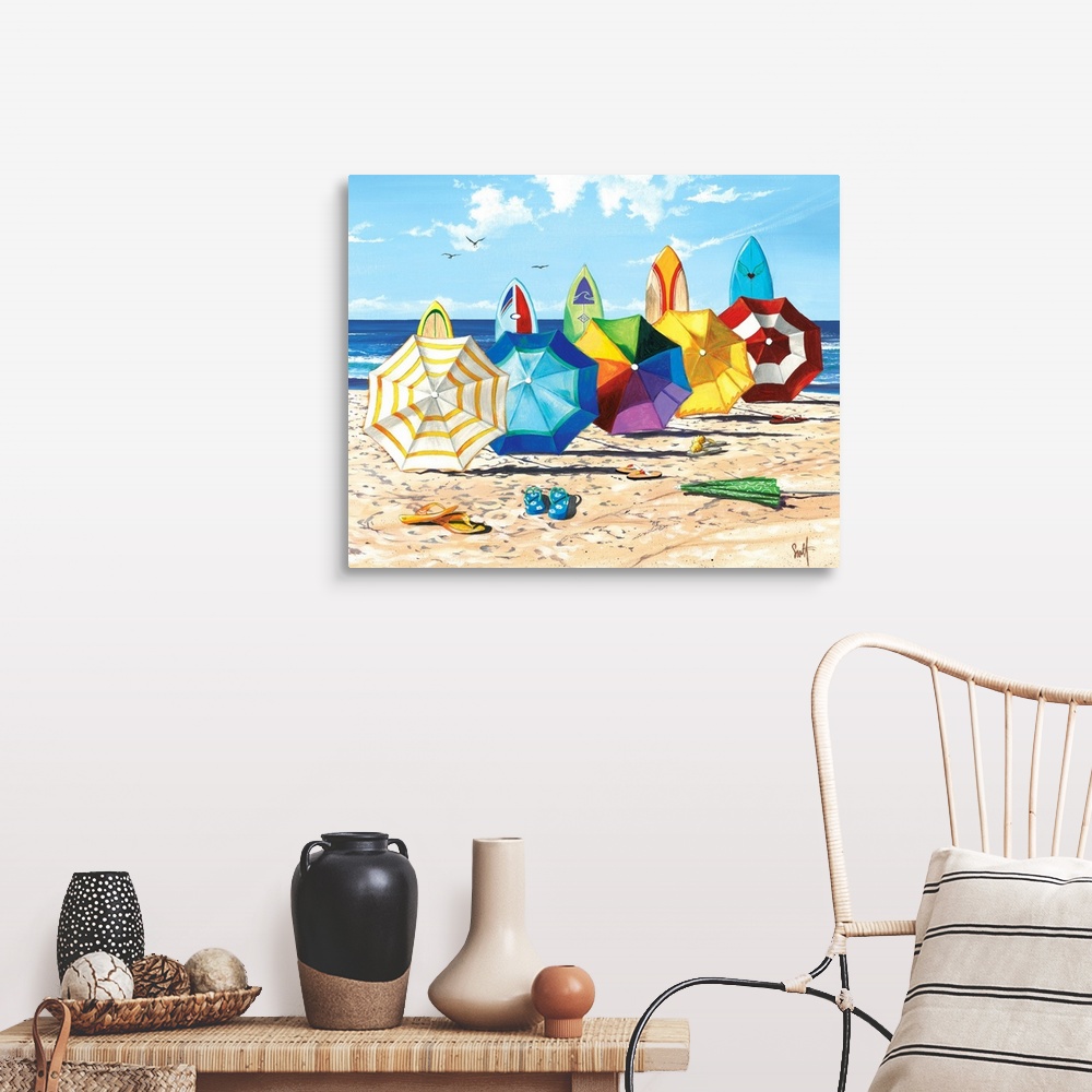 A farmhouse room featuring Realistic drawing of open colorful umbrella's and surfboards lined up on the beach with flip flop...