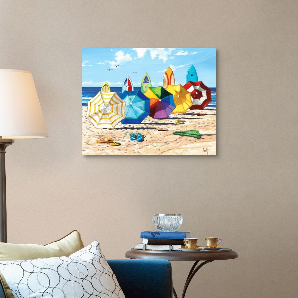 A traditional room featuring Realistic drawing of open colorful umbrella's and surfboards lined up on the beach with flip flop...