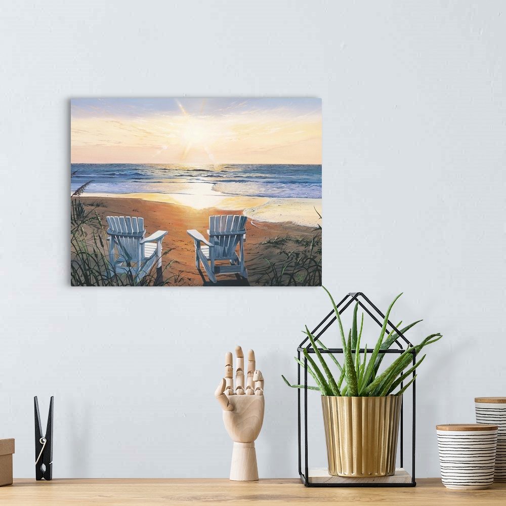 A bohemian room featuring Painting of two beach chairs on sand near shoreline under a sunny sky.