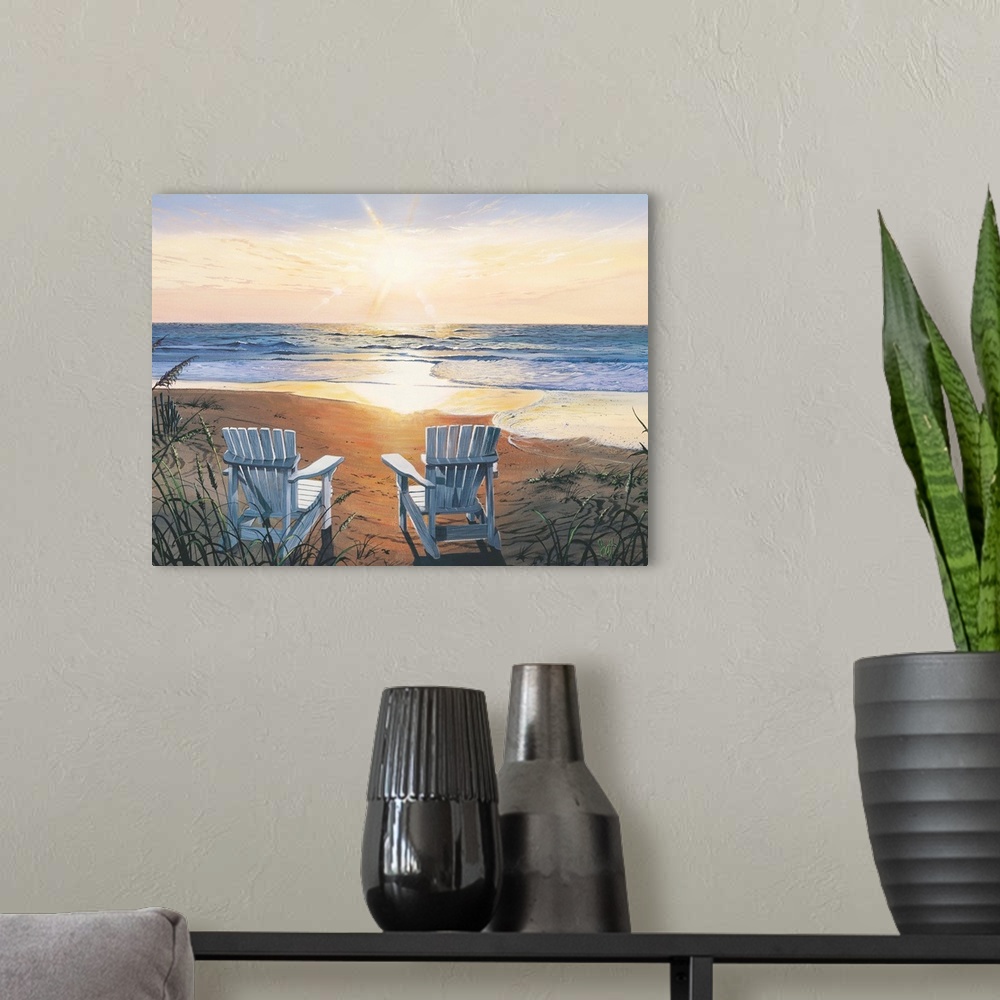 A modern room featuring Painting of two beach chairs on sand near shoreline under a sunny sky.