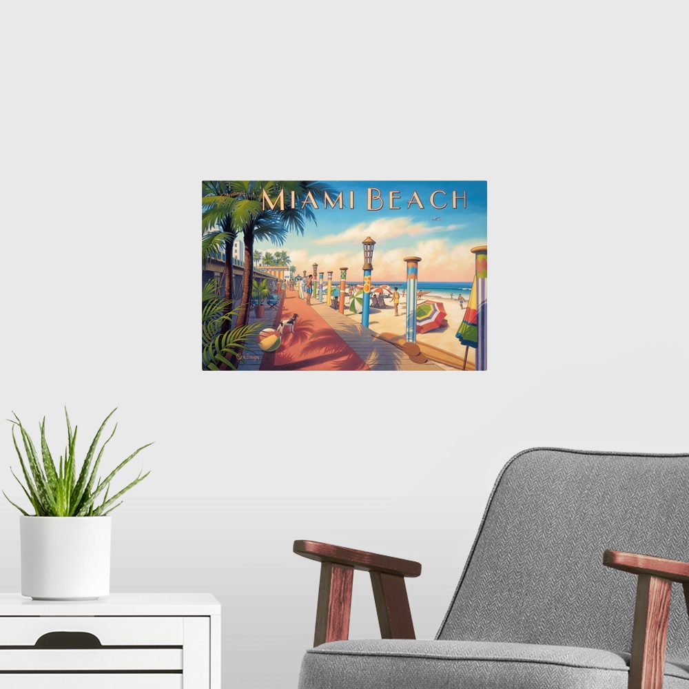 A modern room featuring Greetings from Miami Beach
