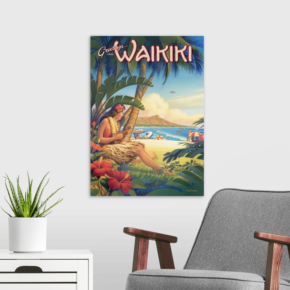 A modern room featuring Greetings from Waikiki