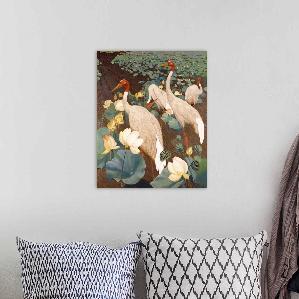 A bohemian room featuring Indian Sarus Cranes on Gold Leaf