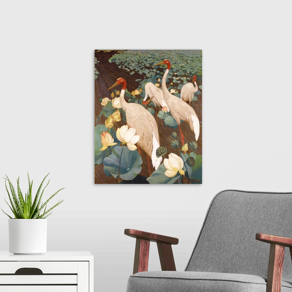A modern room featuring Indian Sarus Cranes on Gold Leaf