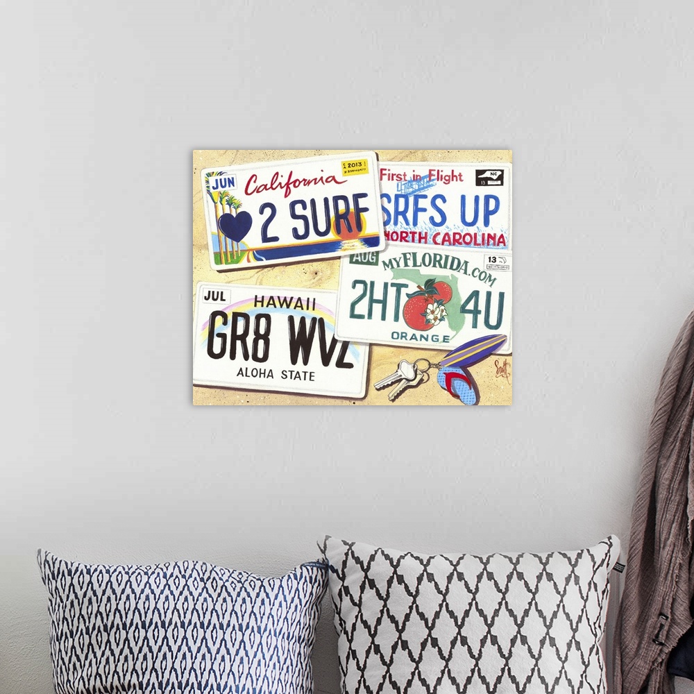 A bohemian room featuring License Plates