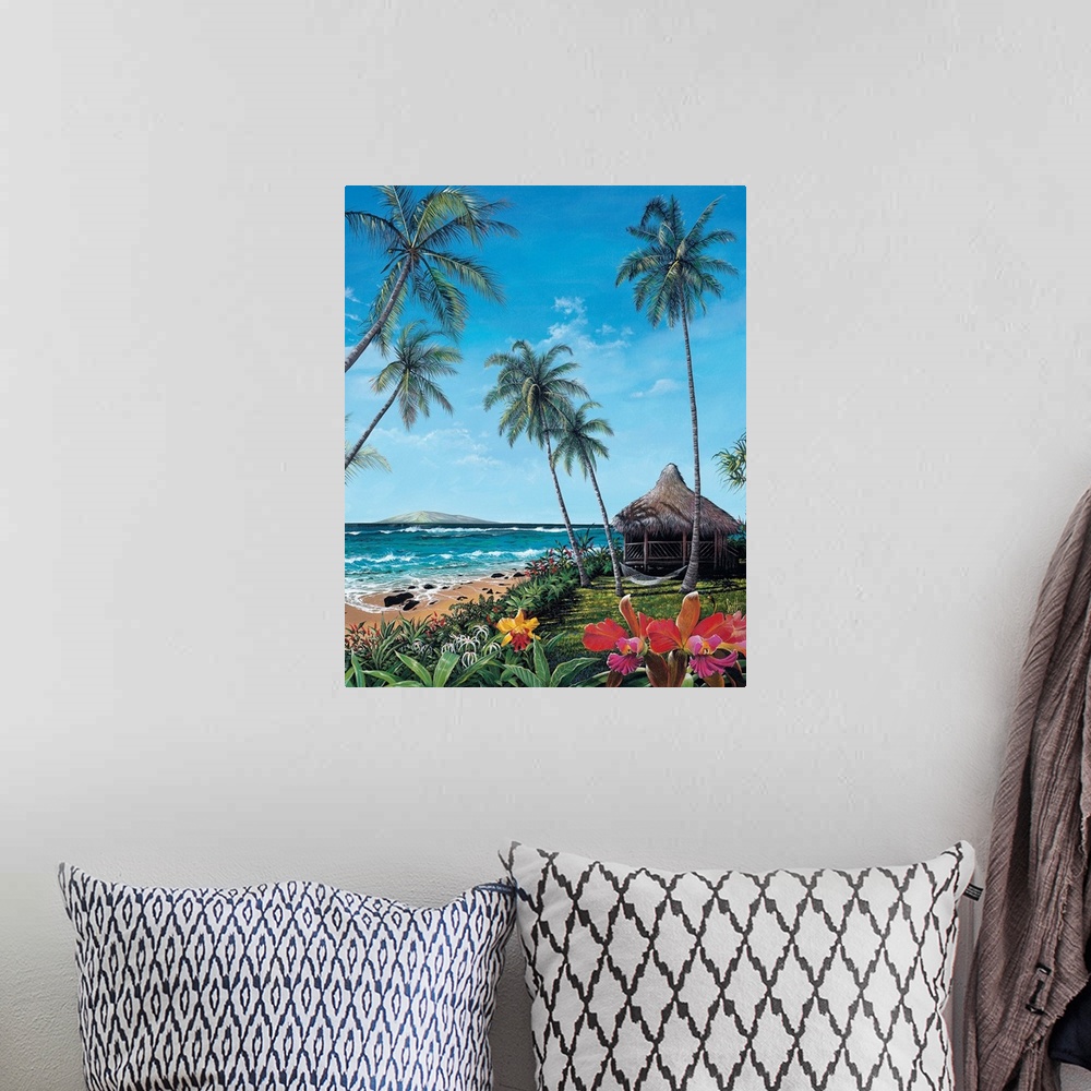A bohemian room featuring This is a vertical landscape painting of a straw roof hut and hammock slung between palm trees ne...
