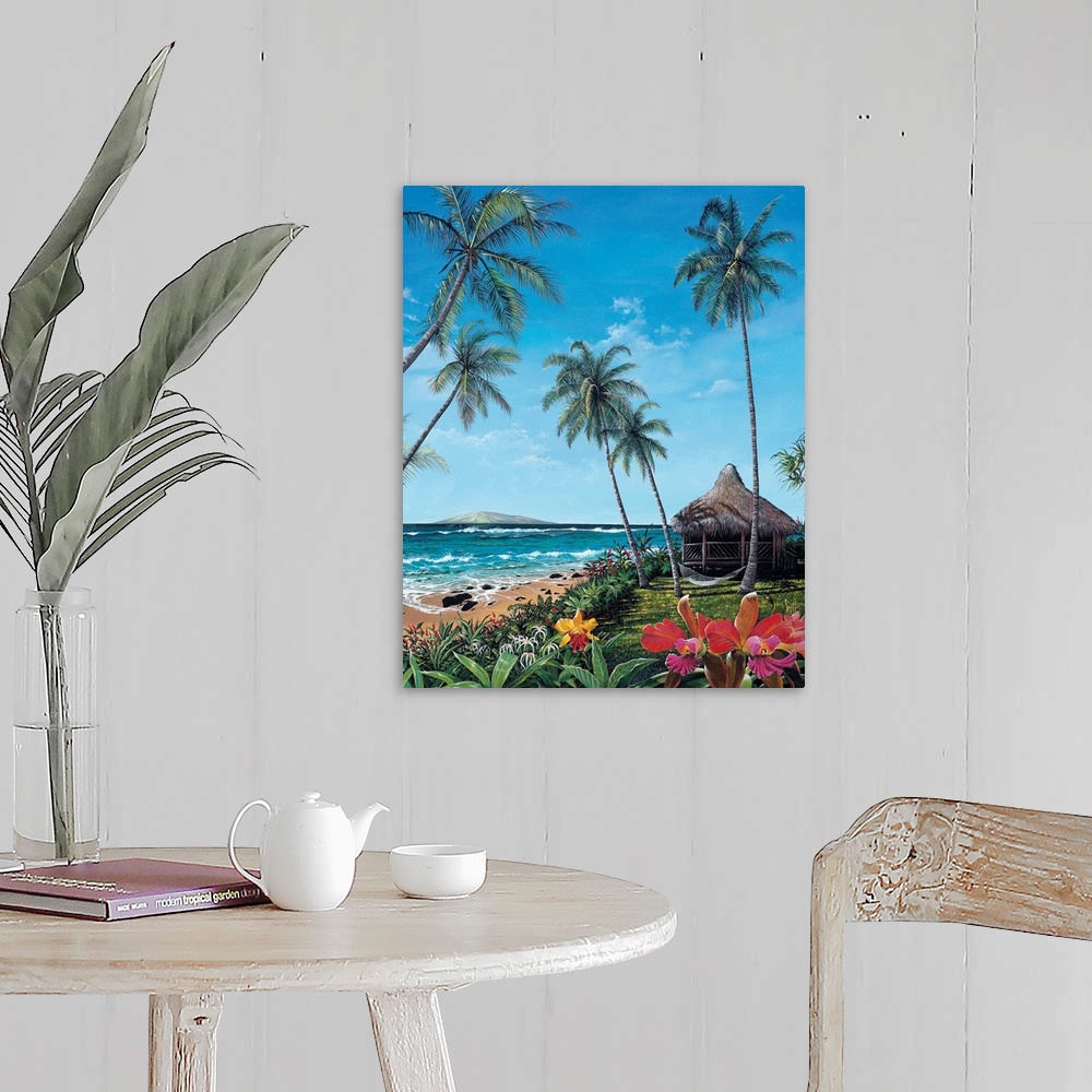 A farmhouse room featuring This is a vertical landscape painting of a straw roof hut and hammock slung between palm trees ne...