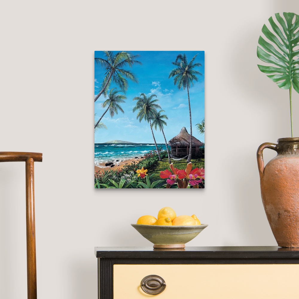 A traditional room featuring This is a vertical landscape painting of a straw roof hut and hammock slung between palm trees ne...