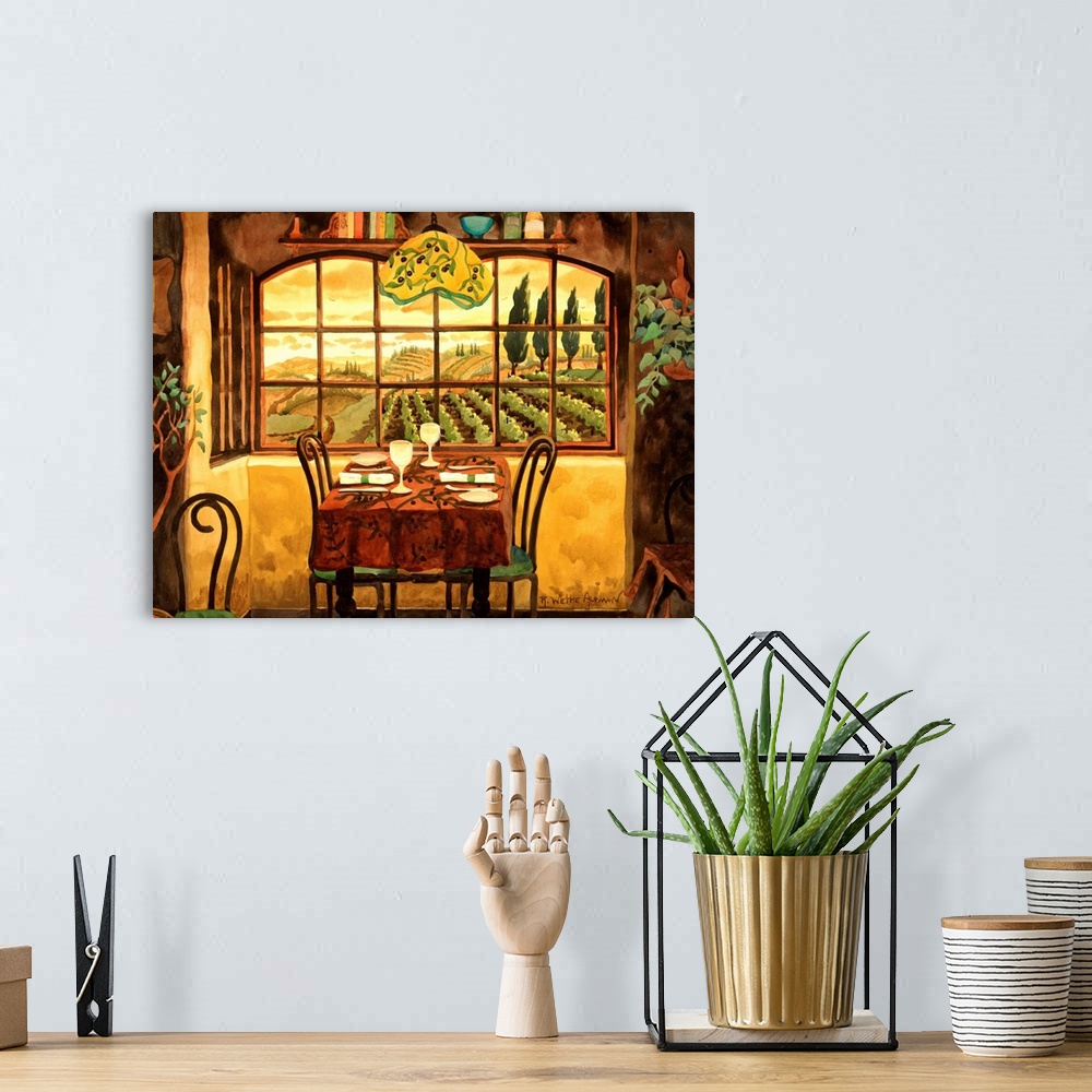 A bohemian room featuring Painting of a table set for dinner inside a house by a window looking out over farmland. Warm, re...