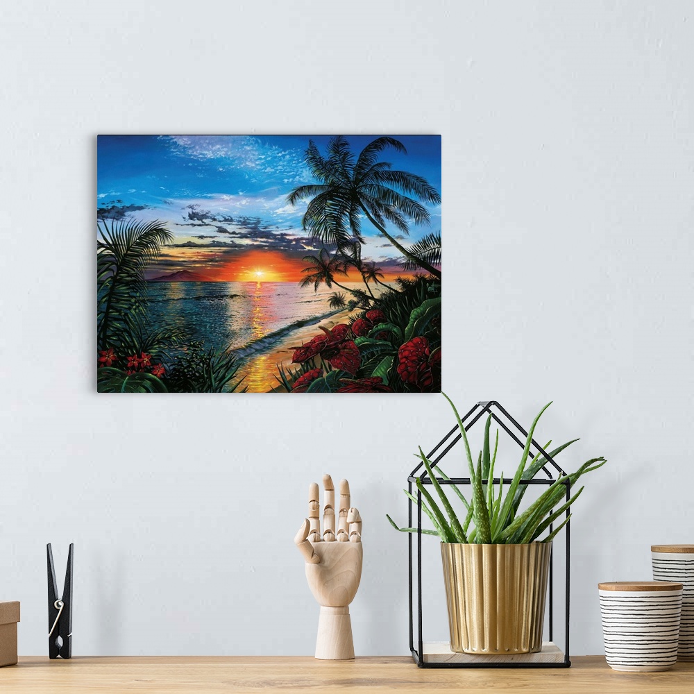 A bohemian room featuring This contemporary painting shows a sunset far off in the distance with palm trees and other wild ...
