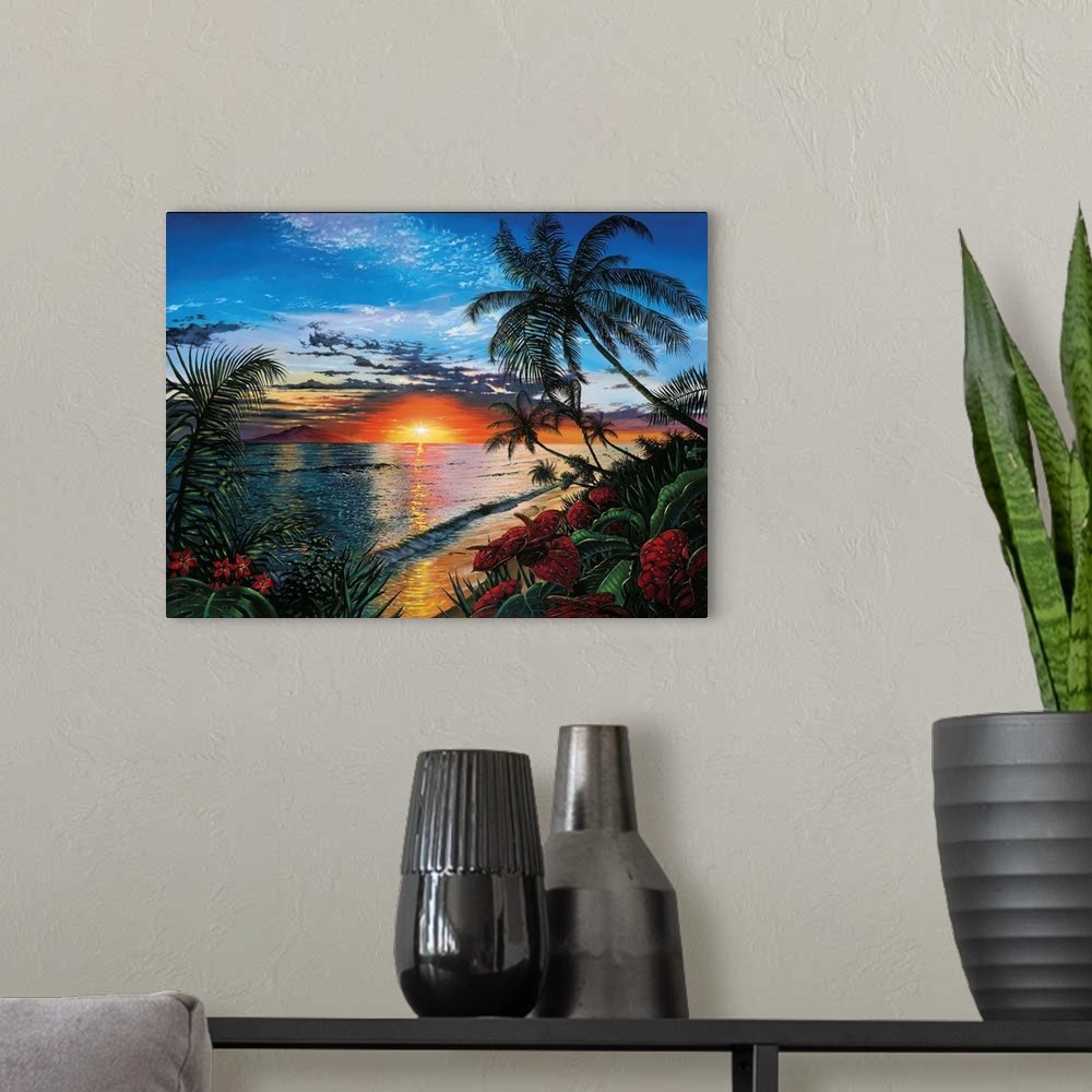 A modern room featuring This contemporary painting shows a sunset far off in the distance with palm trees and other wild ...