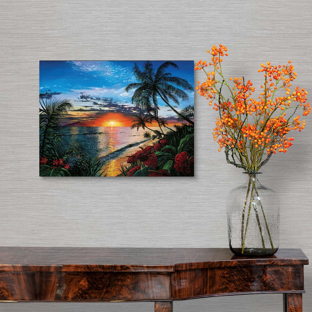 A traditional room featuring This contemporary painting shows a sunset far off in the distance with palm trees and other wild ...