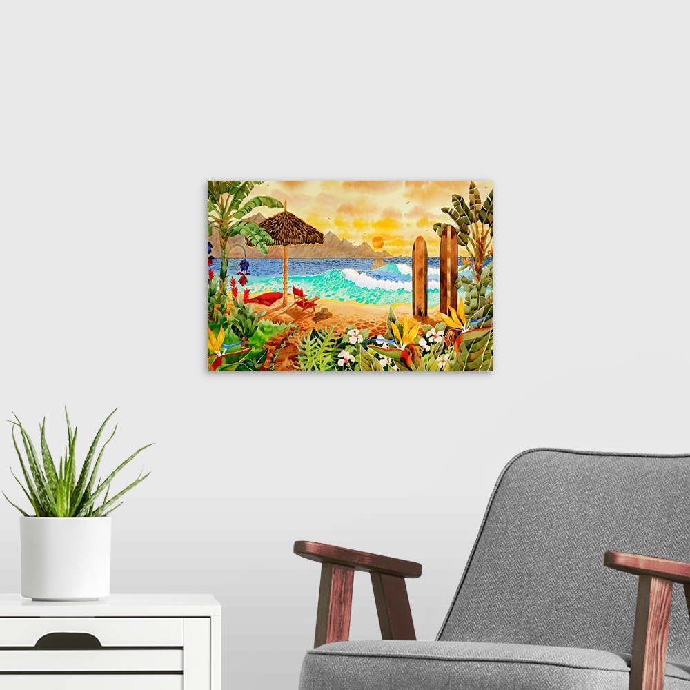 A modern room featuring Giant contemporary art displays a lively beach scene filled with lush vegetation and an umbrella ...