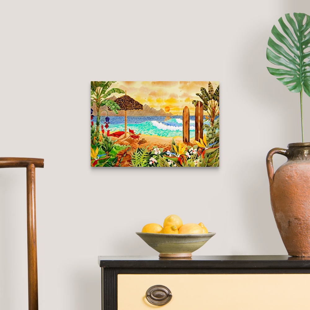 A traditional room featuring Giant contemporary art displays a lively beach scene filled with lush vegetation and an umbrella ...