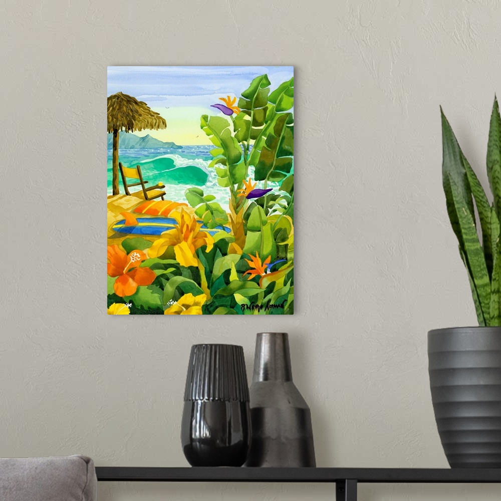 A modern room featuring Tropical vegetation is painted in the foreground of this picture with a beach umbrella, chair, to...