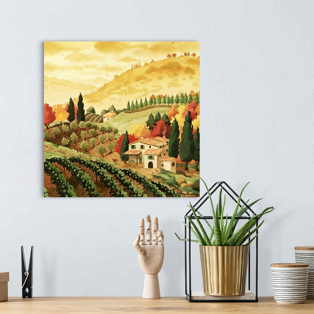 A bohemian room featuring This square shaped decorative art is a contemporary, landscape painting showing a small villa nes...