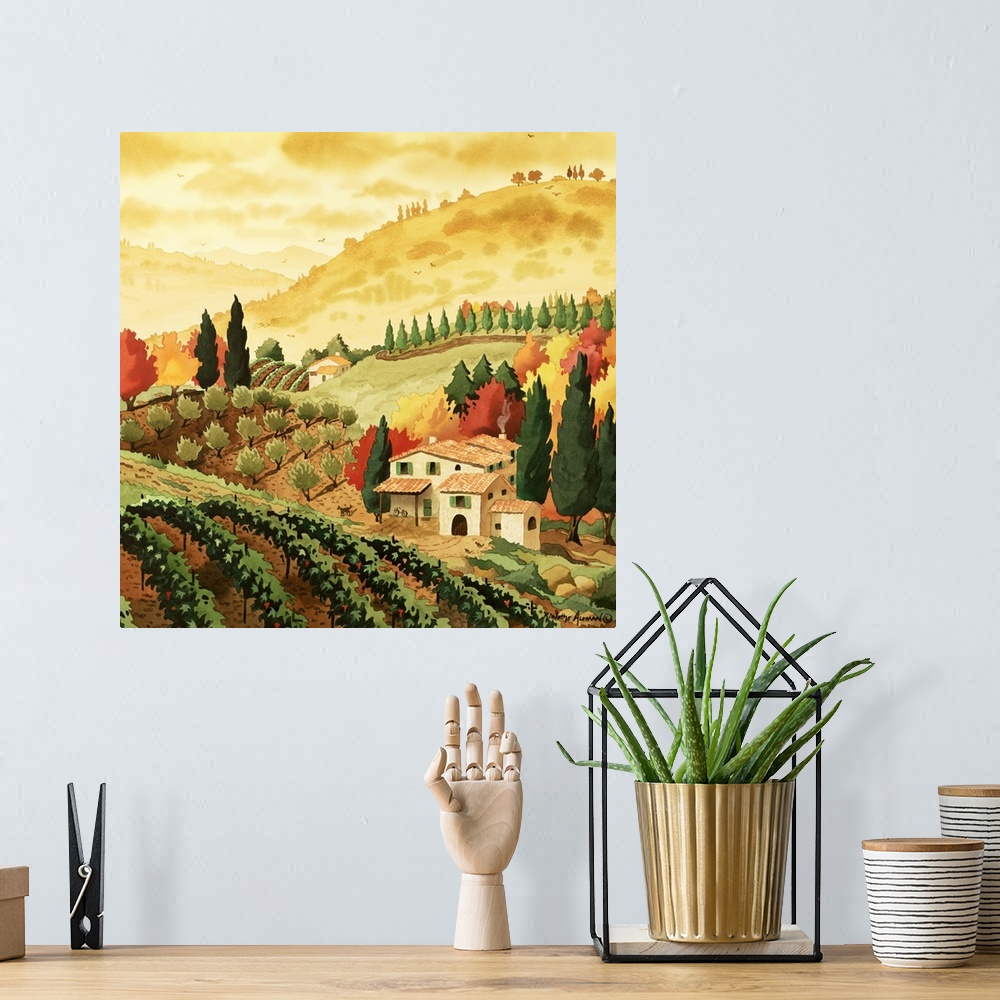 A bohemian room featuring This square shaped decorative art is a contemporary, landscape painting showing a small villa nes...
