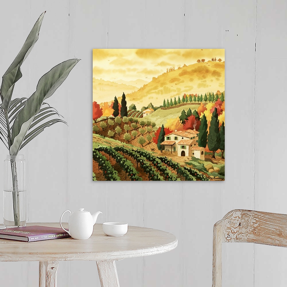 A farmhouse room featuring This square shaped decorative art is a contemporary, landscape painting showing a small villa nes...