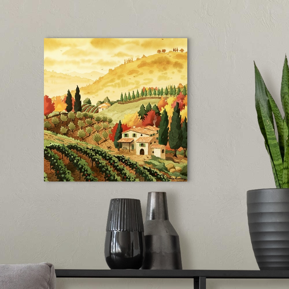 A modern room featuring This square shaped decorative art is a contemporary, landscape painting showing a small villa nes...