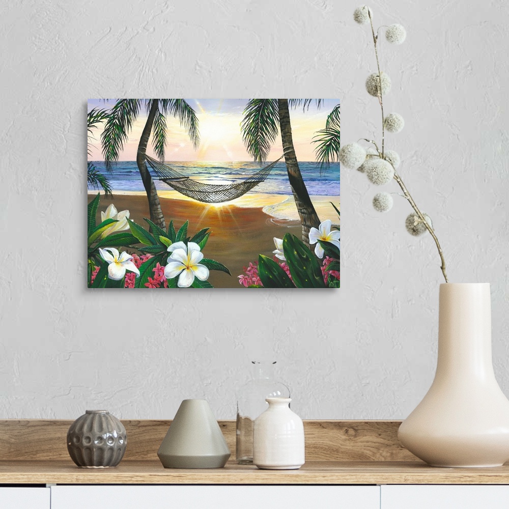 A farmhouse room featuring This is a landscape painting of plumeria blossoms, a hammock hanging between two palm trees, and ...